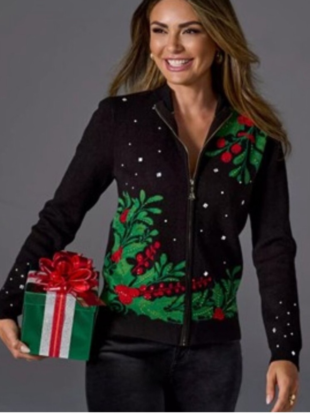 Boston Proper Embellished Mistletoe Zip Up Cardigan Size Medium